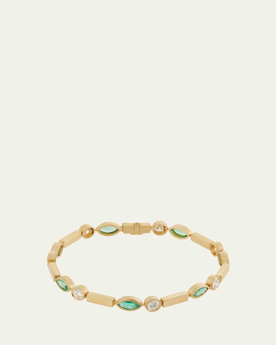 Emerald Navette Stream Bracelet with Diamonds in 18K Yellow Gold
